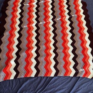 Vintage Colorful Chevron Hand Crocheted Afghan Throw Blanket   67” x 65”